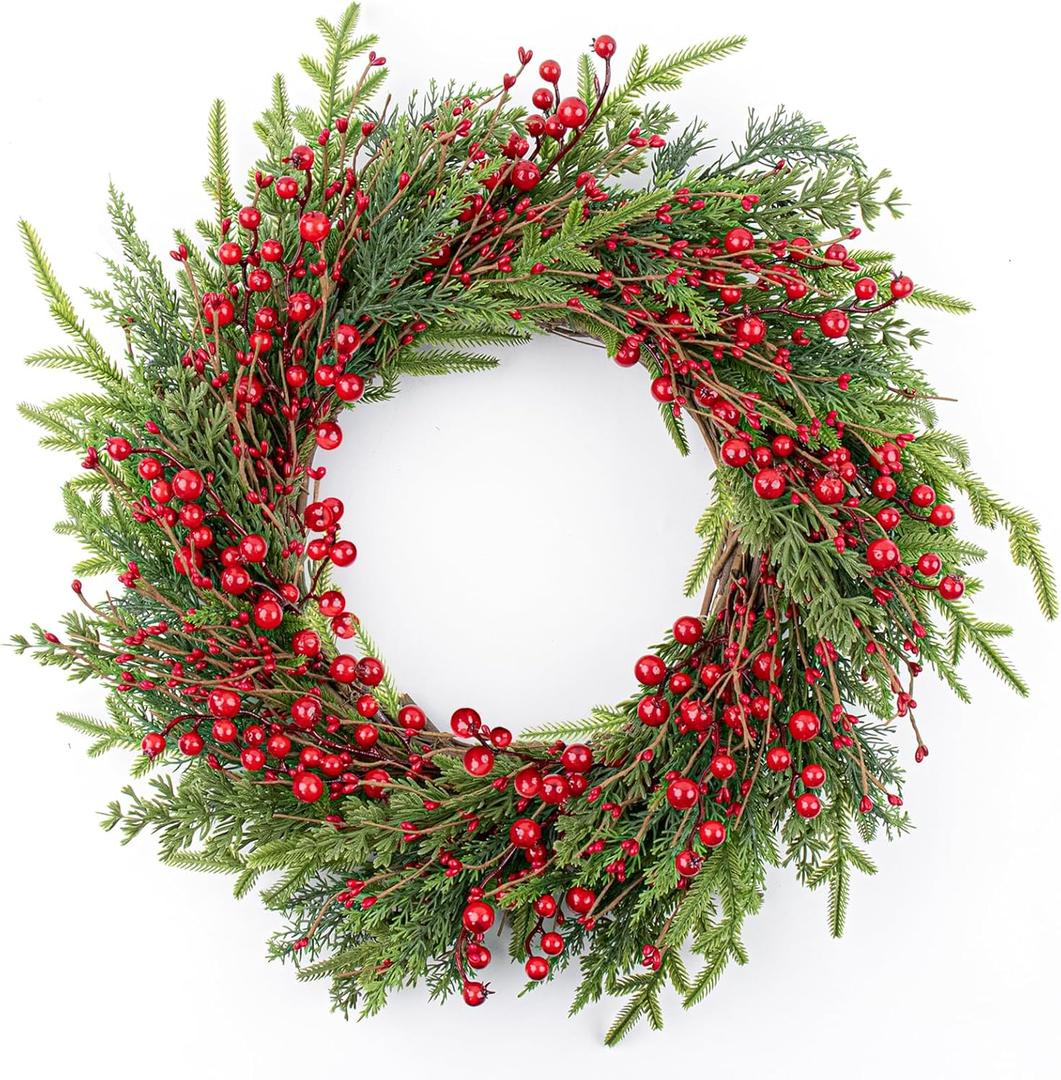 20 Inches Classic Christmas Wreath Rustic Christmas Wreaths for Front Door Xmas Winter Wreath with Green Norfolk Pine Needle Red Berry for Door Window Porch Wall Indoors Outside