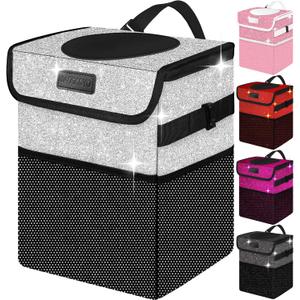 Cute Mini Car Trash Bag with Lid, Glitter Garbage Can Bin Hanging for Back/Front Seat/Console, Waterproof, Leakproof, 2.5 Gallon, Silver Bling Sparkly