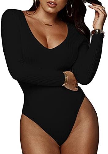 GEMBERA Women's Deep V Neck Long Sleeve Bodysuit Ribbed Knit Bodycon Thong Bodysuit Tops (Black XL)