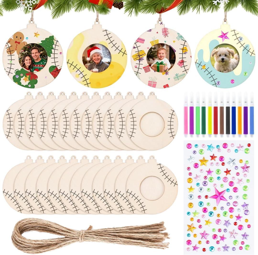 24Pcs Baseball Sports Ornaments Craft for 1.6 in Photo DIY Unfinished Wooden Baseball Picture Frames Kit with Colorful Pens, Dazzling Sticker Sheets for Sports Player Athletes Team Party Favor
