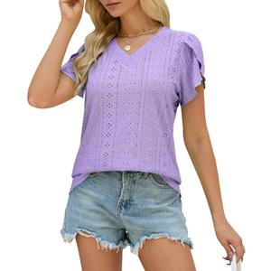 Womens T Shirts Trendy 2025 Eyelet V Neck Tops Loose Short Sleeve Shirts Casual Summer Beach Vacation Clothes (Small, Purple)