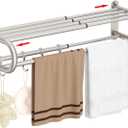 BESy Adjustable 15-26.8 Inch Towel Rack with Shelf for Bathroom and Lavatory Towel Shelf Double Towel Bar Rod 4 Hooks Wall Mount Multifunction Towel Holder Hotel Style Stainless Steel Brushed Nickel