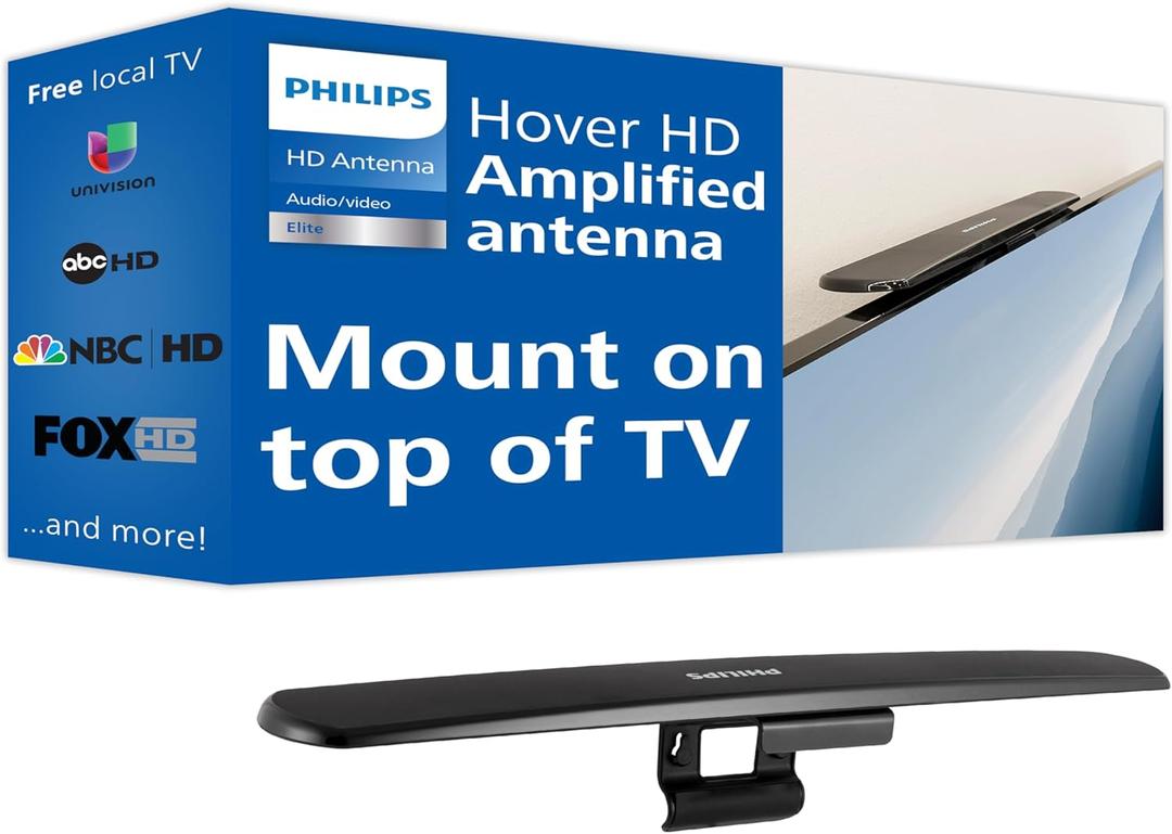 Philips Hover Amplified HD Digital TV Antenna, Long Range Smart TV Antenna, Easy Mount on Top of TV Design, Supports 4K 1080P HD VHF UHF, Signal Booster, Coax HDTV Cable/AC Adapter, SDV7219N/27