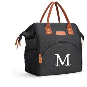 Personalized Lunch Box for Women, Initial Reusable Insulated Lunch Bag, Wide-Open Adult Lunchbox Cooler Lunchbag, Leakproof Lunch Tote for Picnic Work Outdoors, Christmas Gift for Women, Black - M