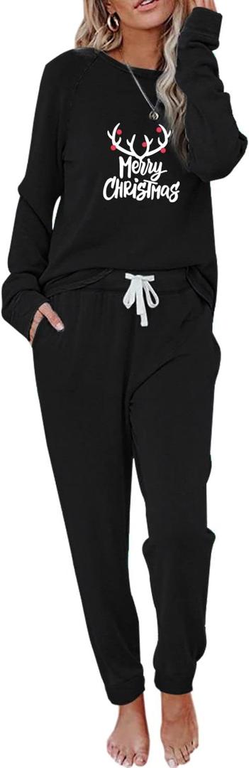 Christmas Pajamas Two Piece Outfits Tracksuits Loungewear Matching Set Pjs Jogger Sets (Black, XXL)