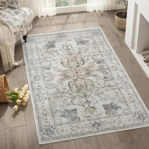 jinchan 3x5 Machine Washable Area Rugs for Entryway - Distressed Vintage Floral Ultra-Thin Low-Pile Soft Non-Shedding Indoor Floor Carpet for Kitchen Bedroom Entrance Laundry Living Room(3x5ft, Taupe)