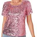 Women's Full Sequin Sparkle Tops Shimmer Glitter Round Neck Short Sleeve Shirt Summer Disco Party Tee Shirts Tunic Blouse (X-Large, Light Pink)