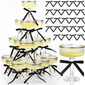 Set of 24 Plastic Champagne Coupe Glasses with Bow 7 oz Gold Champagne Tower Set Stackable Acrylic Ribbed Martini Glasses Cocktail Coupe Cup for Wedding Birthday Party Bar(Bowknot,Black)