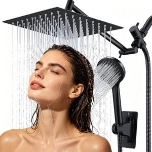 Peicuai Shower Head Combo, 10-Inch High-Pressure Rainfall Shower Head with 11-Inch Adjustable Extension Arm, 5-Setting Matte Black Handheld Shower with Long Hose, Powerful Spray for Low Water Pressure