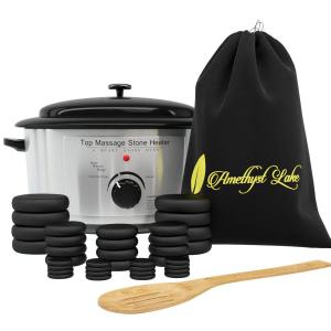 Amethyst Lake Hot Stones Massage Set With Warmer Pot - 36 Basalt Hot Stone 6 Quart Oven Water Heater Kit, Portable & Perfect for Salon and Home Use with Black Velvet Drawstring Bag & Wood Spatula (38 Piece Set)