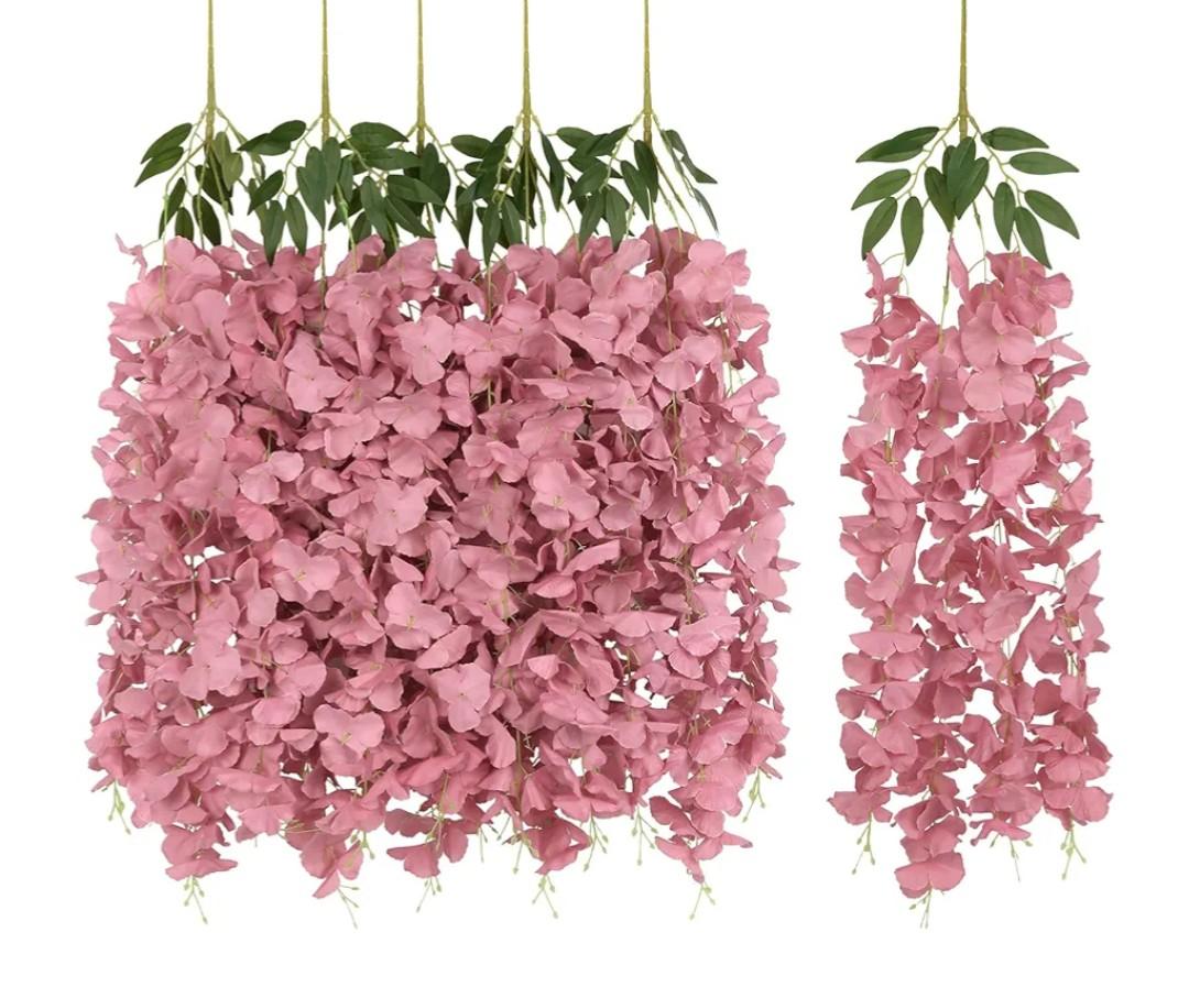 Artificial Wisteria Hanging Flowers,5Pcs Dusty Pink Fake Wisteria 33" Silk Faux Wisteria Vine Rattan Hanging Garland Bulk for Wedding Arch Party Backdrop Wall Home Decorations (Dusty Pink