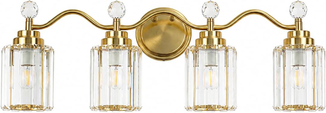 4-Light Bathroom Light Fixture Over Mirror, Gold Brass Vanity Light with Crystal Shade, Modern Bathroom Lighting, Crystal Wall Sconce for Bathroom, Powder Room, Hallway, E26 Base
