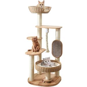 Wooden Cat Tree for Large Cat, 49.6IN Tall Cat Tower with Scratching Post for Indoor Cats, Multi-Level Cat Condo with Hand-Woven Cat Bed and Scratching Board Easy to Clean