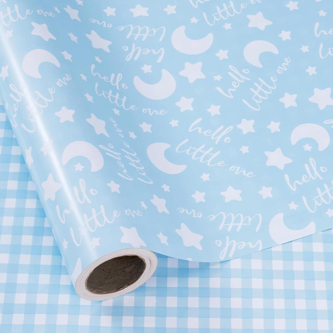 RUSPEPA Reversible Wrapping Paper Roll, Jumbo Roll, Baby Boy Blue and Plaid Pattern for Baby Boy or Neutral Gift Wrapping, Kids' Birthday Party and Baby Shower Wrap Paper, 30 Inches X 32.8 Feet