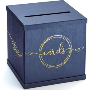Blue & Gold Card Box, Large 10x10 Gift Card Holder, Navy Envelope Box with Slot, Graduation Party, Wedding Reception, Money, Bridal & Baby Shower, Sweet 16, Funeral, Birthday, Quinceanera, Anniversary