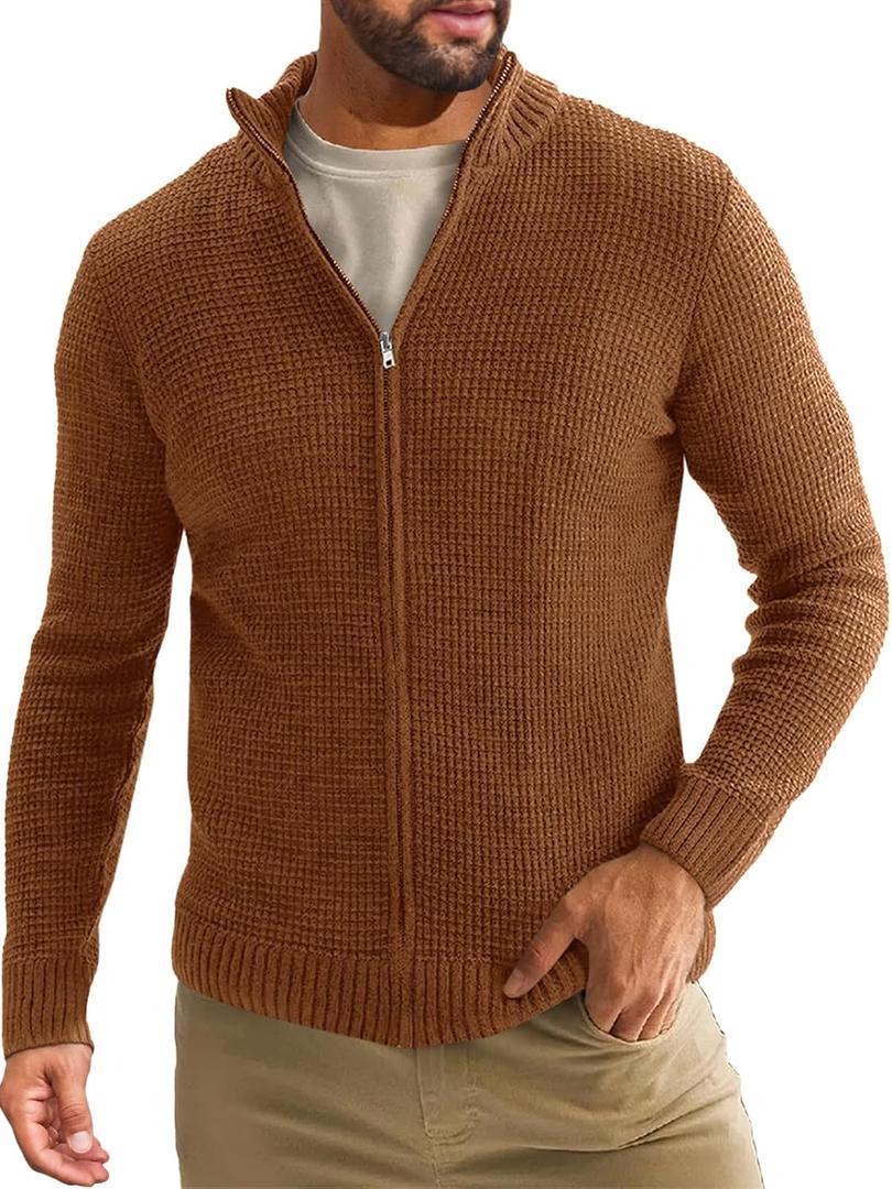 Runcati Mens Full Zip Cardigan Sweater Casual Waffle Stand Collar Knitted Winter Chunky Sweaters (Large, Brown)