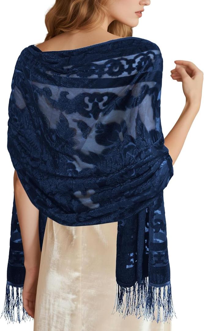 E-Clover Lace Shawl Velvet Scarfs Shawls and Wraps for Evening Dresses Wedding Shawl Wraps for Dress Accessories Winter (Blue)