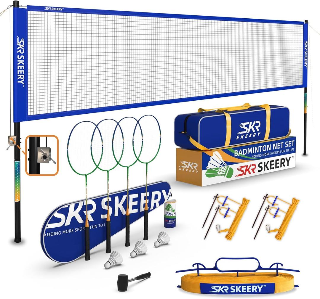 Professional Badminton Set with Winch System,Portable Badminton Net includes Carbon Aluminum Badminton Rackets Set of 4,3 Shuttlecocks and Carrying Bag,Badminton Sets for Backyards,Beach (Blue)