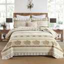 Brown Taupe Quilt, Paisley Comforter Set Queen 100% Cotton Bedding Comforter Sets,Striped Pattern Bed Set, Lightweight Reversible Bedspreads, Machine Washable Coverlet Neutral 3 Pieces