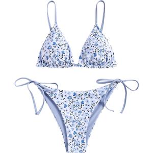 ZAFUL Women's Triangle Bikini Floral String Bikini Set Two Piece Swimsuit Bathing Suits (2-Blue Flower, S)