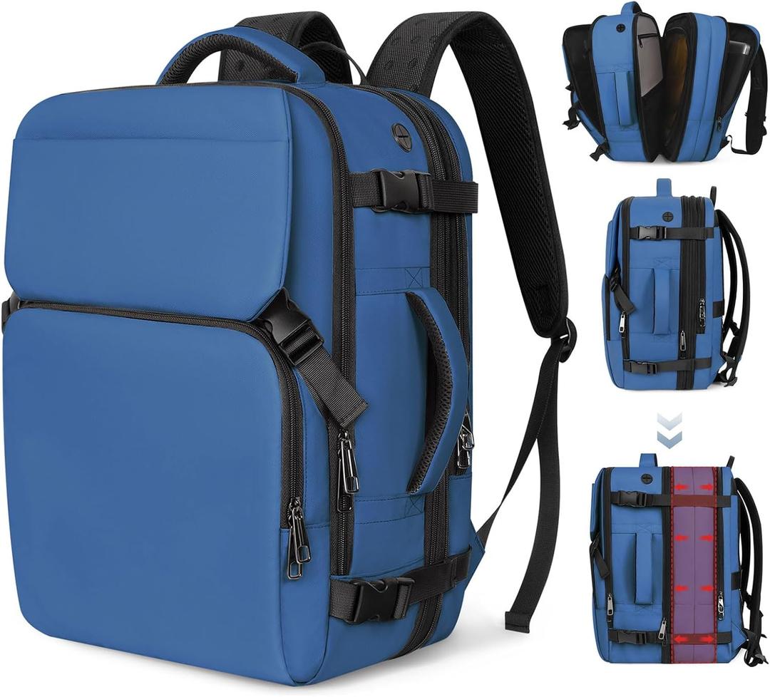 Travel Backpack Carry On Flight Approved, Lightweight Large Travel Backpack, Expandable with USB Charging Hole, Waterproof Causal Bookbag for Travel Work College Fits 17 inch Laptop, Blue