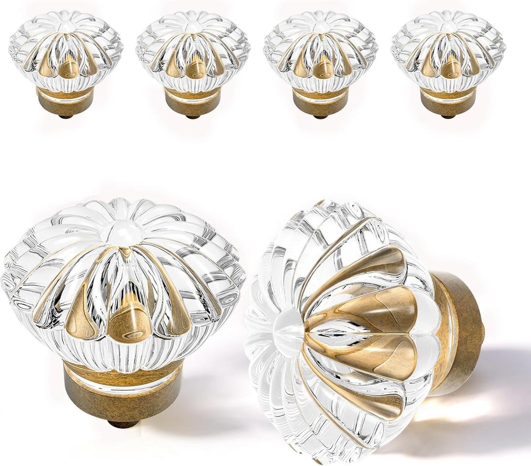 Crystal Cabinet Knobs Cabinets Knob, 4 Pack Flower Antique Brass Vintage Glass Clear Crystal Small Pull for Closet Dresser Drawers Cupboard Wardrobe, Alloy Retro Pulls Old Style Bronze Drawer Handle