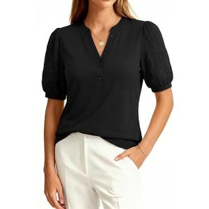 Women Tops Henley V Neck Button Up Shirt Embroidered Short Sleeve Blouses Dressy Casual Clothes Summer Outfits (XL)