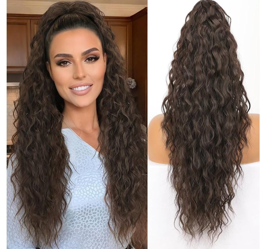 ORSUNCER Ponytail Extension Claw 26" Curly Pony Tail Clip in Claw Hair Extensions Fluffy Natural Looking Synthetic Hairpiece for Women Dark Brown