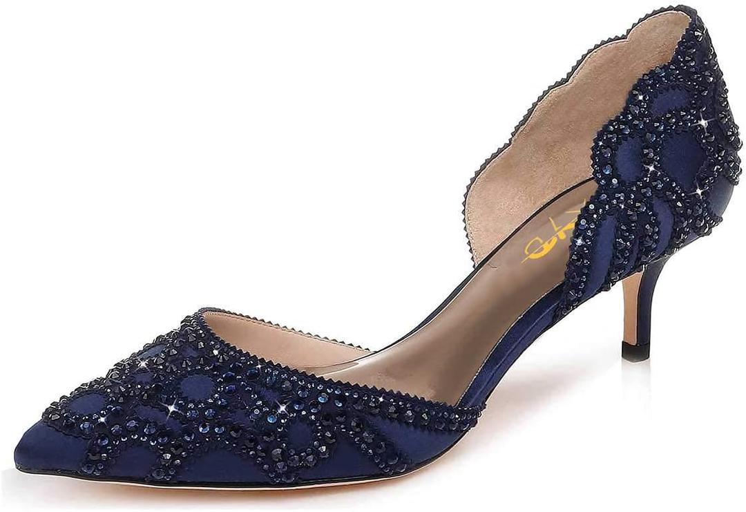 XYD Women's Pumps, Elegant Pointed Toe, D'Orsay Kitten Low Heels, Rhinestone Studs, Slip-On Satin Shoes for Wedding (10, Navy)