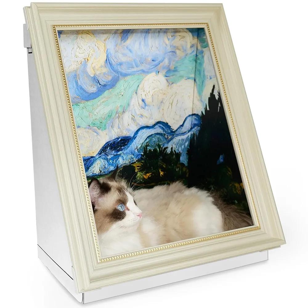 Mona Lisa Cat Bed Painting Cat Scratcher Bed CartBoard Cat House Beds for Indoor Cats Half-Surround Design W/Horizontal Cat Scratcher Scratching Board W/Catnip (Field with Cypresses, Medium - Large)