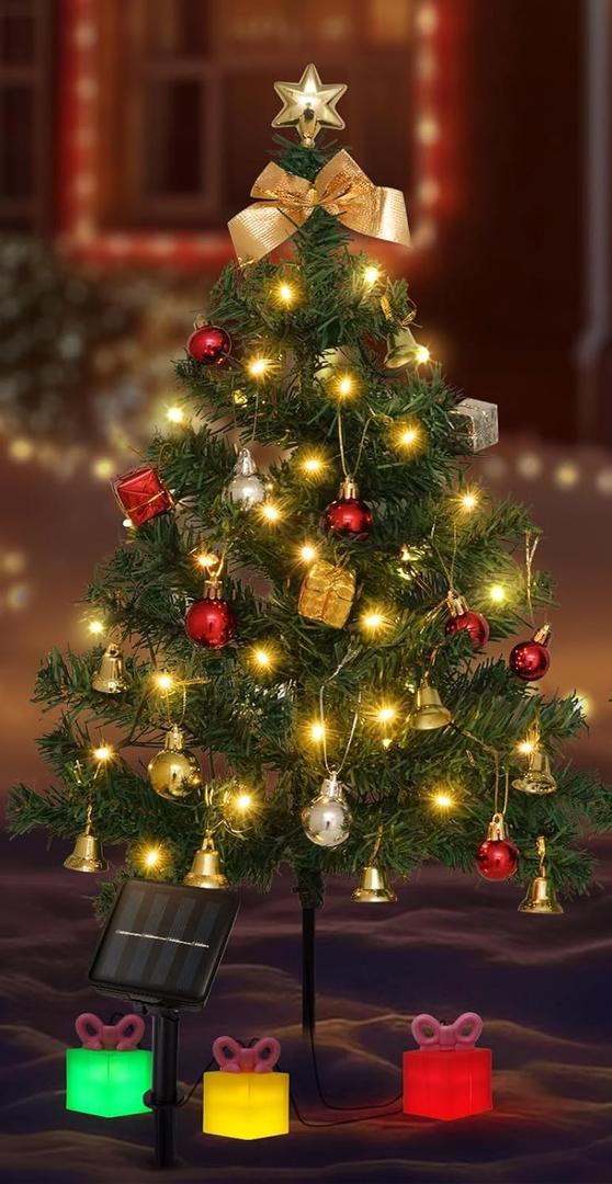 Solar Mini Christmas Tree Decorations Lights, 30 Inch 8 Flashing Modes Waterproof Xmas Decor, 60 LED Lights with Ornaments 6 Lighted Gift Boxes for Porch Pathway Yard Garden (Warm White)