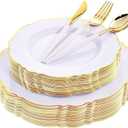 WDF 30Guest Gold Plastic Plates - High-end Baroque Design - 10.25&7.5in Wedding White and Gold Plates Disposable for Parties/Wedding/Father's Day