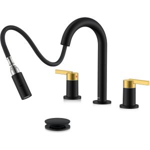 KENES Black and Gold Pull Out Widespread Bathroom Faucet 3 Hole, 8 Inch 2 Handle Bathroom Sink Faucet with Pull Down Sprayer, Vanity Faucet with Pop Up Drain and Supply Lines LJ-9068-BG