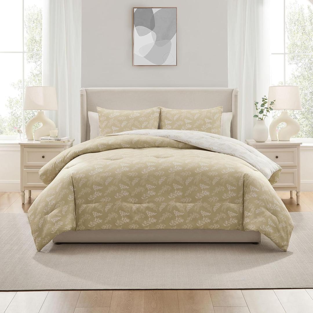 Nestl King Size Comforter Set - Oatmeal Bed in a Bag King Size, 3 Pieces Reversible Bed Set, Soft Floral Bedding Set, All Season Botanical Comforters with Pillow Shams (Oatmeal / Off White)