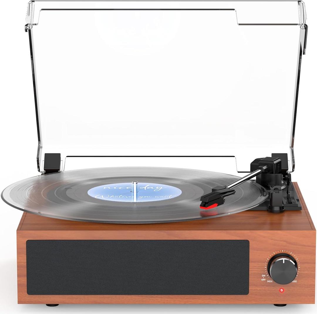 Vintage Record Player with Built-in Stereo Speakers Turntable Vinyls Records LP Phonograph Belt Drive 3 Speed 3 Size Support Wireless Input RCA Output Auto Stop Retro Wooden Walnut Red