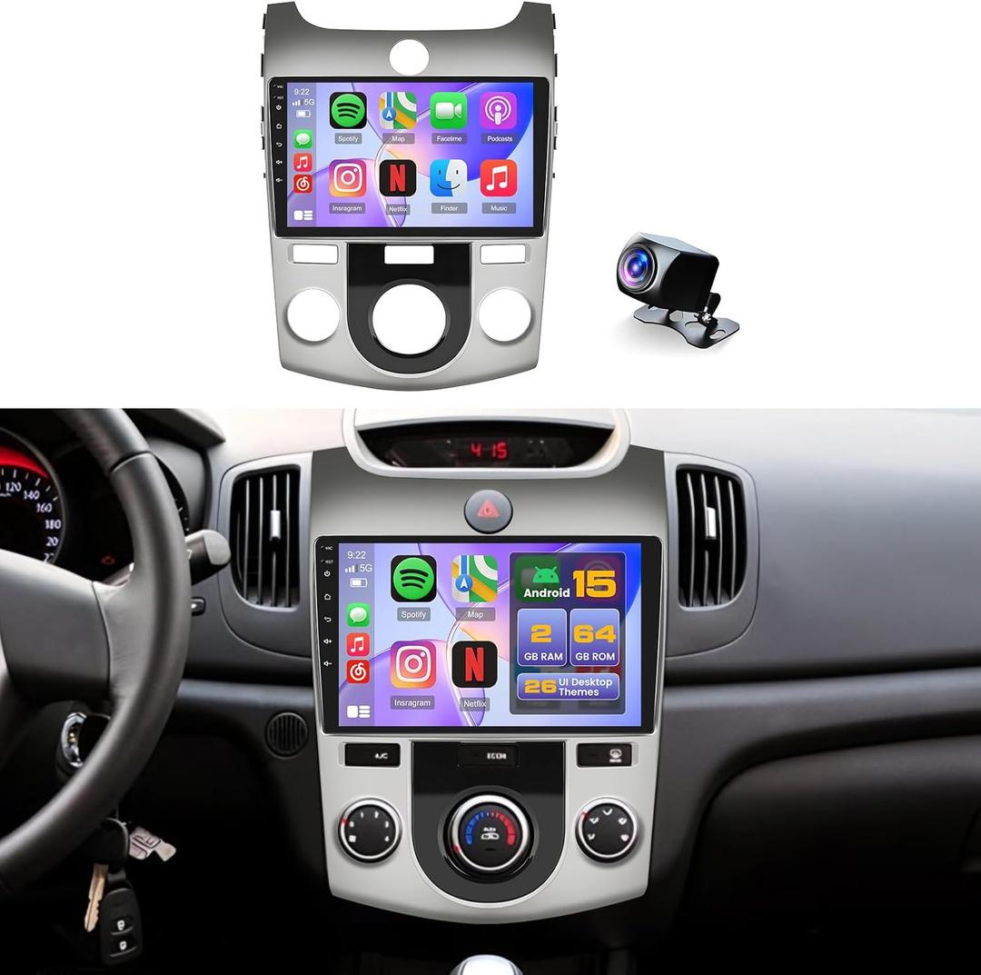 [2+64G] Android 15 Car Stereo for Kia Forte 2008-2012 (Manual A/C) Wireless CarPlay Android Auto,9 Inch Touch Screen Bluetooth Radio GPS WiFi Dual USB FM RDS Radio Backup Camera