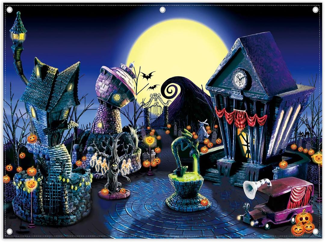 ZTHMOE 8x6ft Halloween Nightmare Themed Party Photography Backdrop Pumpkin Moon Town Background Birthday Baby Shower Christmas Party Decorations Photo Tapestry Props