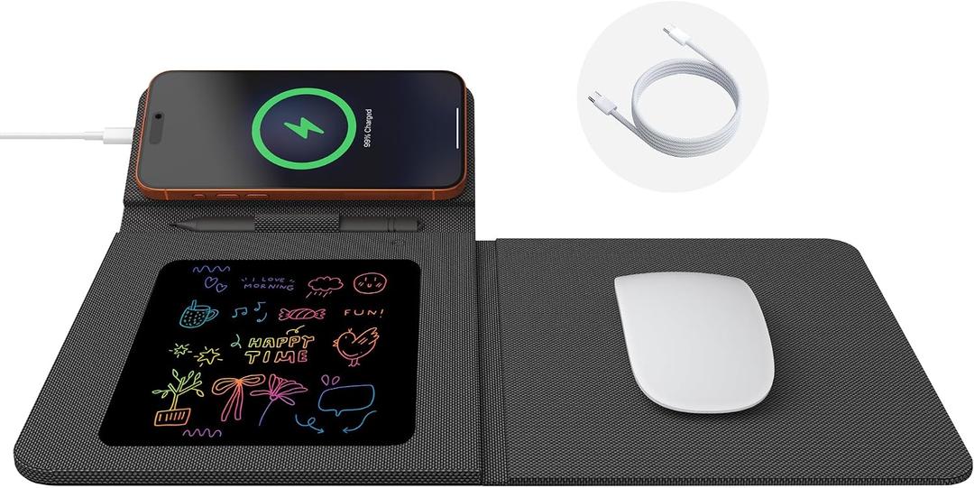 Foldable Wireless Charging Mouse Pad with Writing Tablet,15W Qi Magnetic Fast Charging Travel Mouse Pad,Multi-Functional PU Leather Mat Charging Pad for iPhone Samsung iWatch,Office Home Accessories