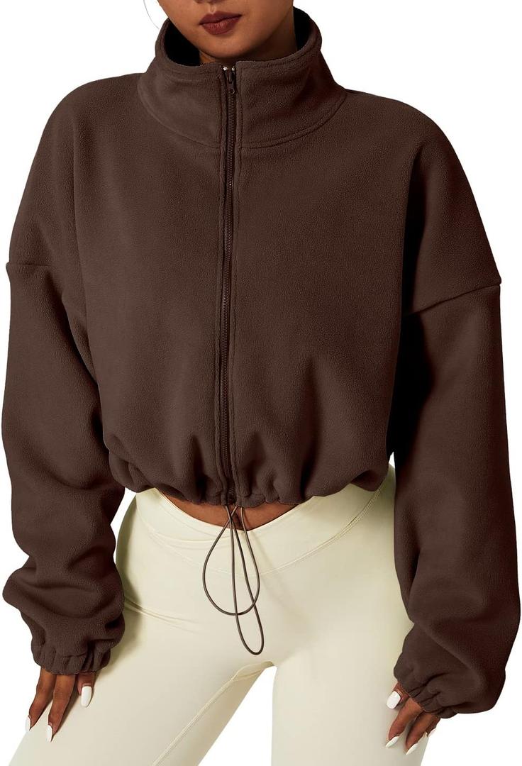 QINSEN Women's Short Fleece Jacket Full Zip Polar Fleece Crop Outwear Winter Warm Stand Collar Coat Caramel Coffee S