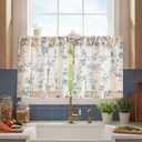jinchan Floral Kitchen Curtains 24 Inch Linen Tier Curtains Farmhouse Cafe Half Window Drapes Over Sink Light Filtering for Living Room Laundry RV Rod Pocket 2 Panels Blue on Beige