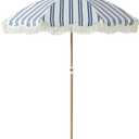 6FT Stripe Fringe Beach Umbrella for Sand with Sand Anchor, UPF 50+ Sun Shade with Tassels, Adjustable Tilt Pole, Portable Coastal Umbrella for Beach & Pool, Heritage Ocean Blue Stripe