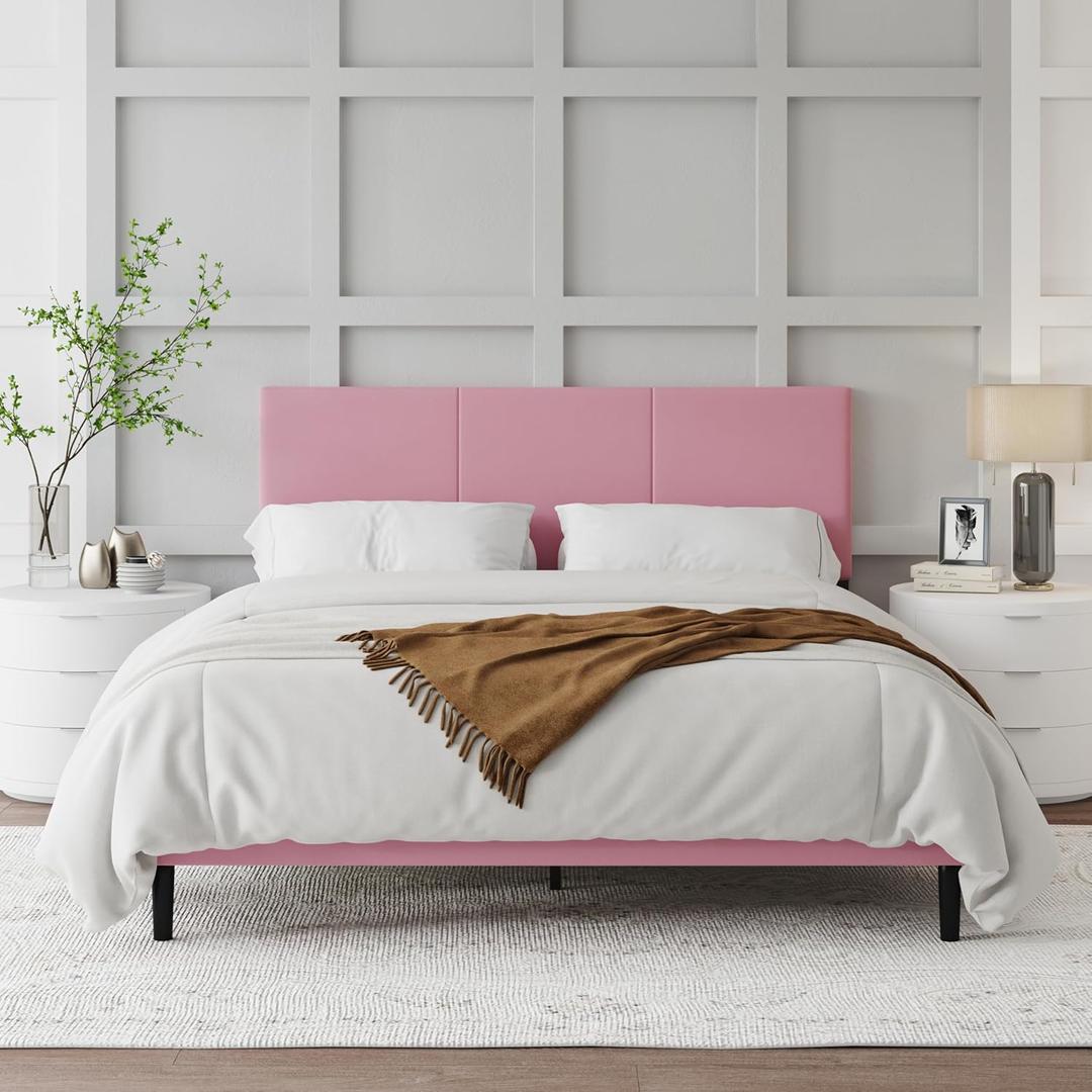 Queen Size Bed Frame with Upholstered Headboard, Sturdy Wood Slats, No Box Spring Required, Silent, Easy Assembly, Pink