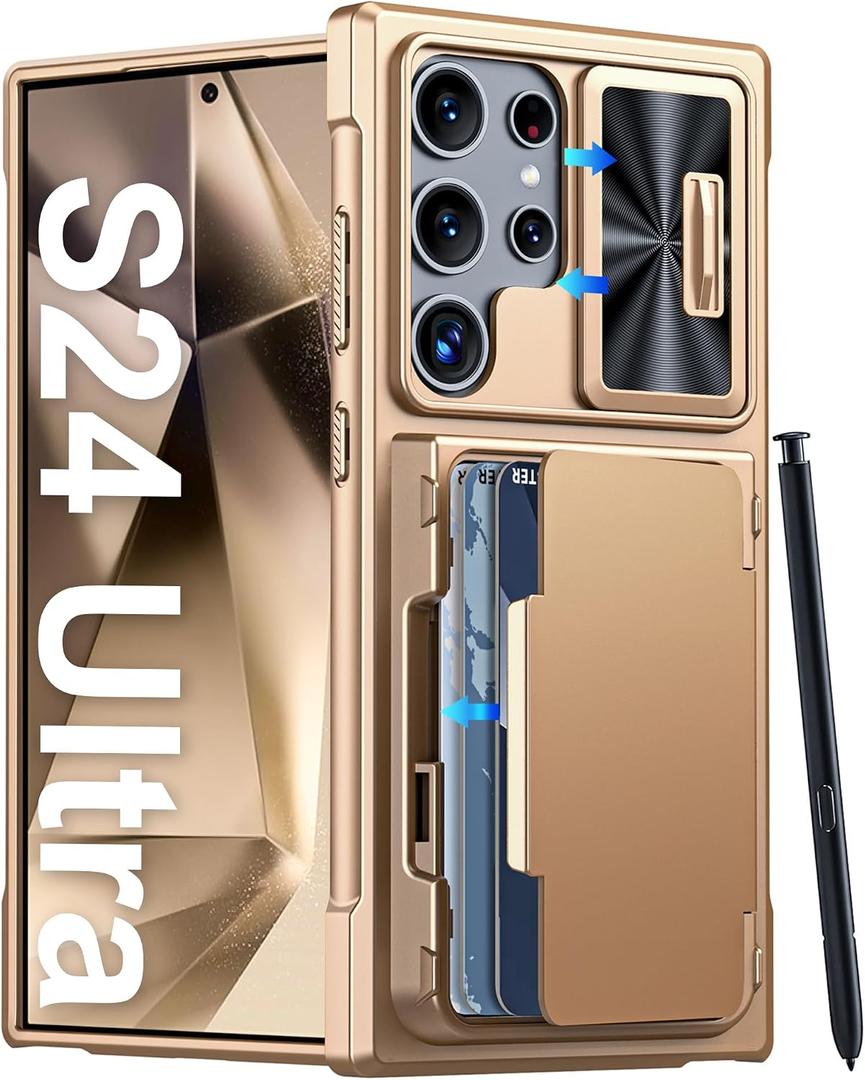 Vizvera for Samsung Galaxy S24 Ultra Case Wallet, RFlD Cards Holder & Camera Cover & Kickstand for Women Men, Full Body Rugged Shockproof Silicone Case for S24 Ultra 6.8" 2024 Only-Champagne Gold
