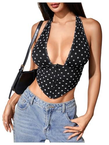 MakeMeChic Women's Cheetah Print Top Halter Corset Top Sexy Deep V Neck Going Out Tops Polka Dots X-Small