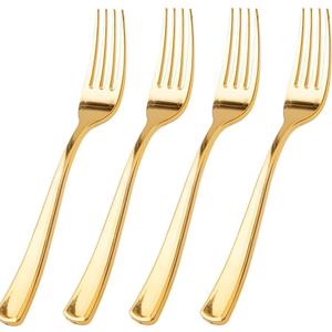 WDF 100 Pcs Gold Plastic Forks - Heavy Duty Sturdy&Durable Forks Disposable 7.4inch - Elegant Gold Forks for Dessert, Durable Plastic Cutlery for Wedding or Daily Using Baby Shower Spring