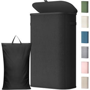 Lifewit 65L Slim Laundry Basket with Lid, Narrow Large Laundry Hamper with Plastic Handles and Removable Bag, Tall Foldable Dirty Clothes Hampers for Laundry Room, Bedroom, Bathroom, Dorm, Black