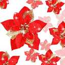 24 Pieces Christmas Glitter Flowers Poinsettia Artificial Xmas Flowers Wedding Christmas Tree New Year Ornaments (Red)