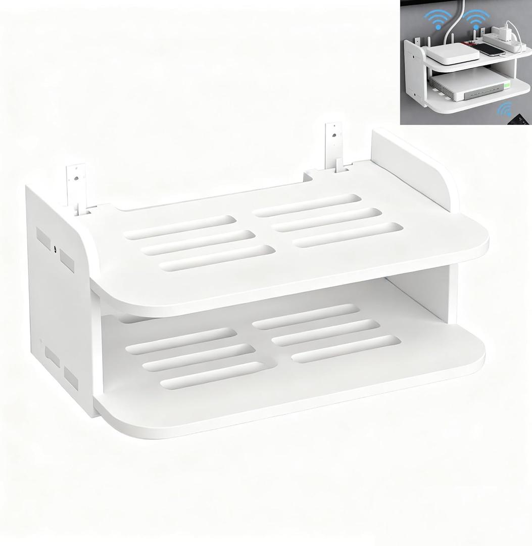 WiFi Router Floating Shelves White Wall Mount Under TV Shelf 30 x 20 x 15 cm Set Top Box Stand No Punch Game Console Rack for Living Room Bedroom