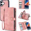 TwoHead Wallet Case Compatible with iPhone 17,Detachable,Magnetic,11 Cards Holder,PU Leather All-Round Protective Phone Case with Change Pocket(6.3 in,Pink)