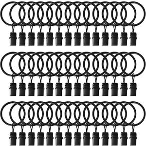 42 Pack Curtain Rings with Clips 1.26" Interior Diameter,Metal Drapery Ring with Clips Compatible with up to 1 inch Drapery Rod,Strong Vintage Decorative Rustproof Drapery Ring with Hooks(Black)